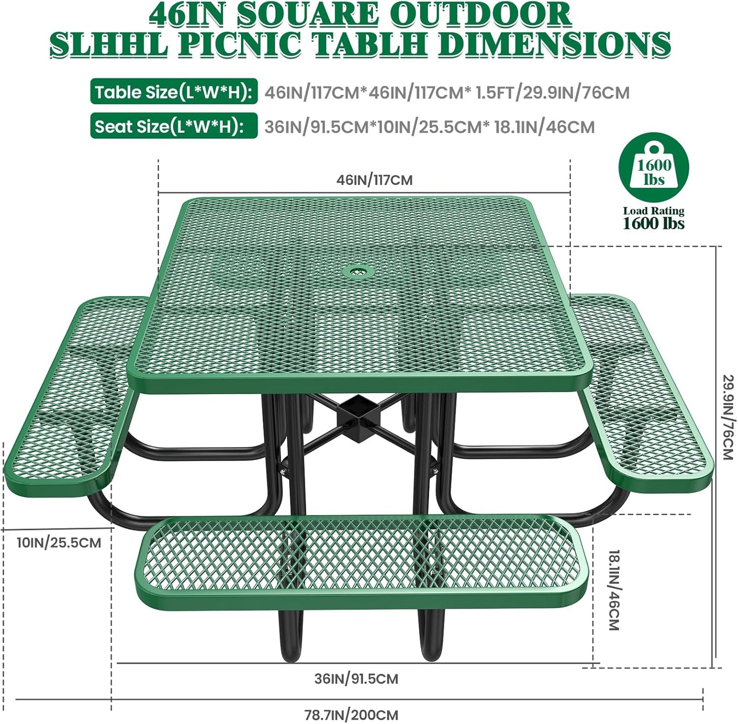 Heavy-Duty Park Bench or Table for Outside - Black Coated Outdoor Furniture Steel Bench, Commercial-Grade Outdoor Benches Weatherproof for Park, Patio, Porch (Green, 46” (Sq. Table))