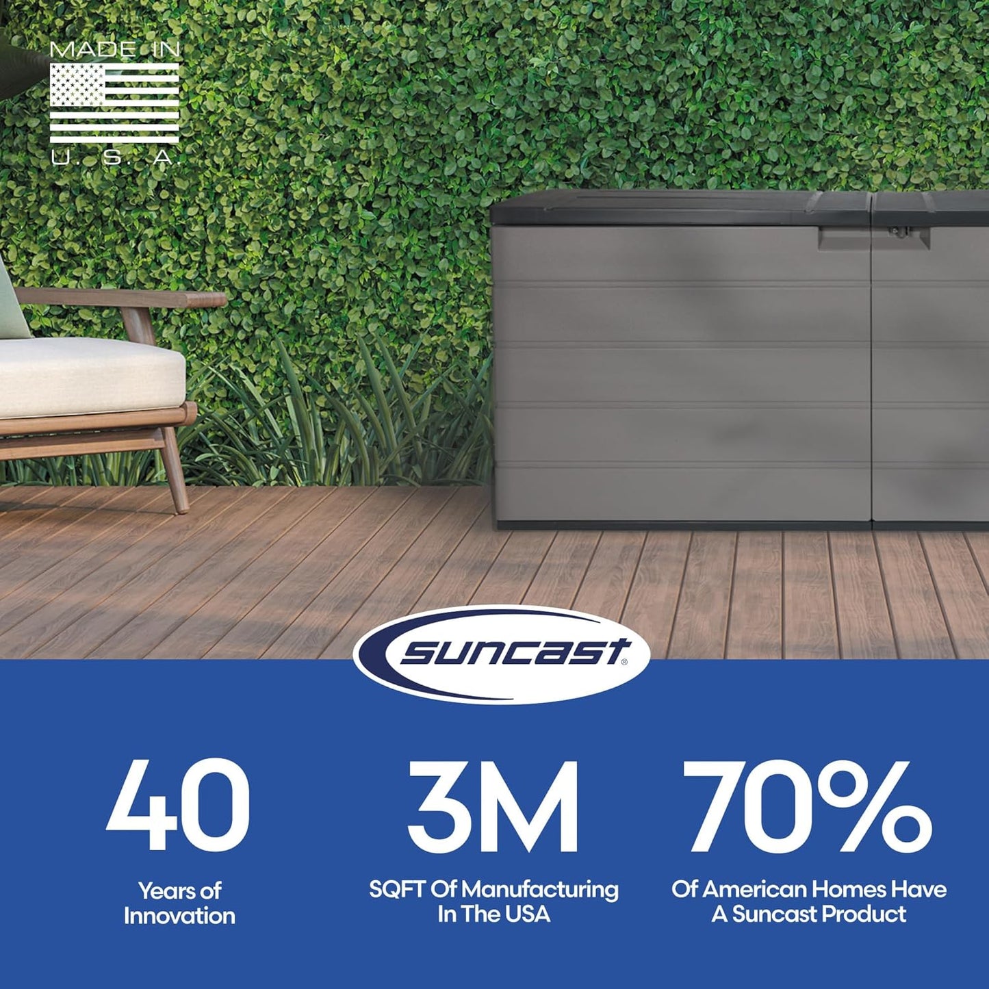 Suncast 120-Gal. All-Weather Patio Deck Box with Pad-Lockable Split Top Lid, Extra-Large Outdoor Storage Unit for Patio Furniture and Grill Tools, Made in the USA