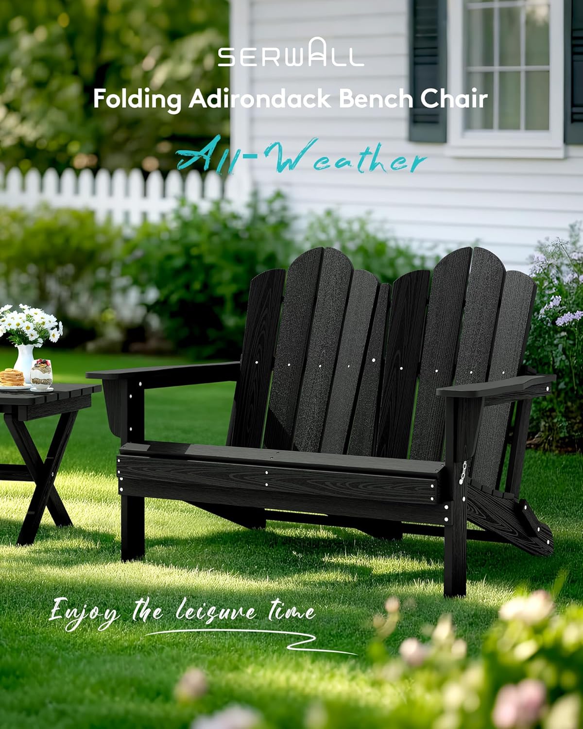 SERWALL 2 Person Adirondack Loveseat, HDPE All-Weather Folding Adirondack Bench Chair, Outdoor Adirondack Chair Set of 4, Black