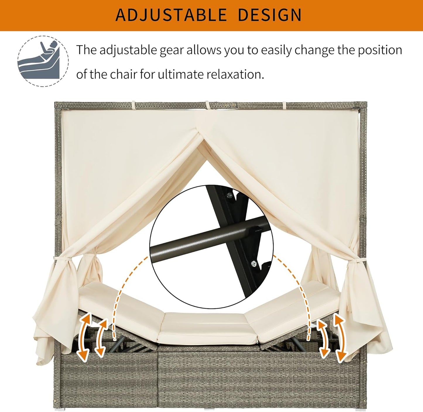 Patio Chaise Lounge,PE Rattan Outdoor Patio Wicker Adjustable Outdoor Sun Bed with Four-sided Canopy and Comfortable Beige Cushion – Versatile Use for Patio, Garden, and Poolside