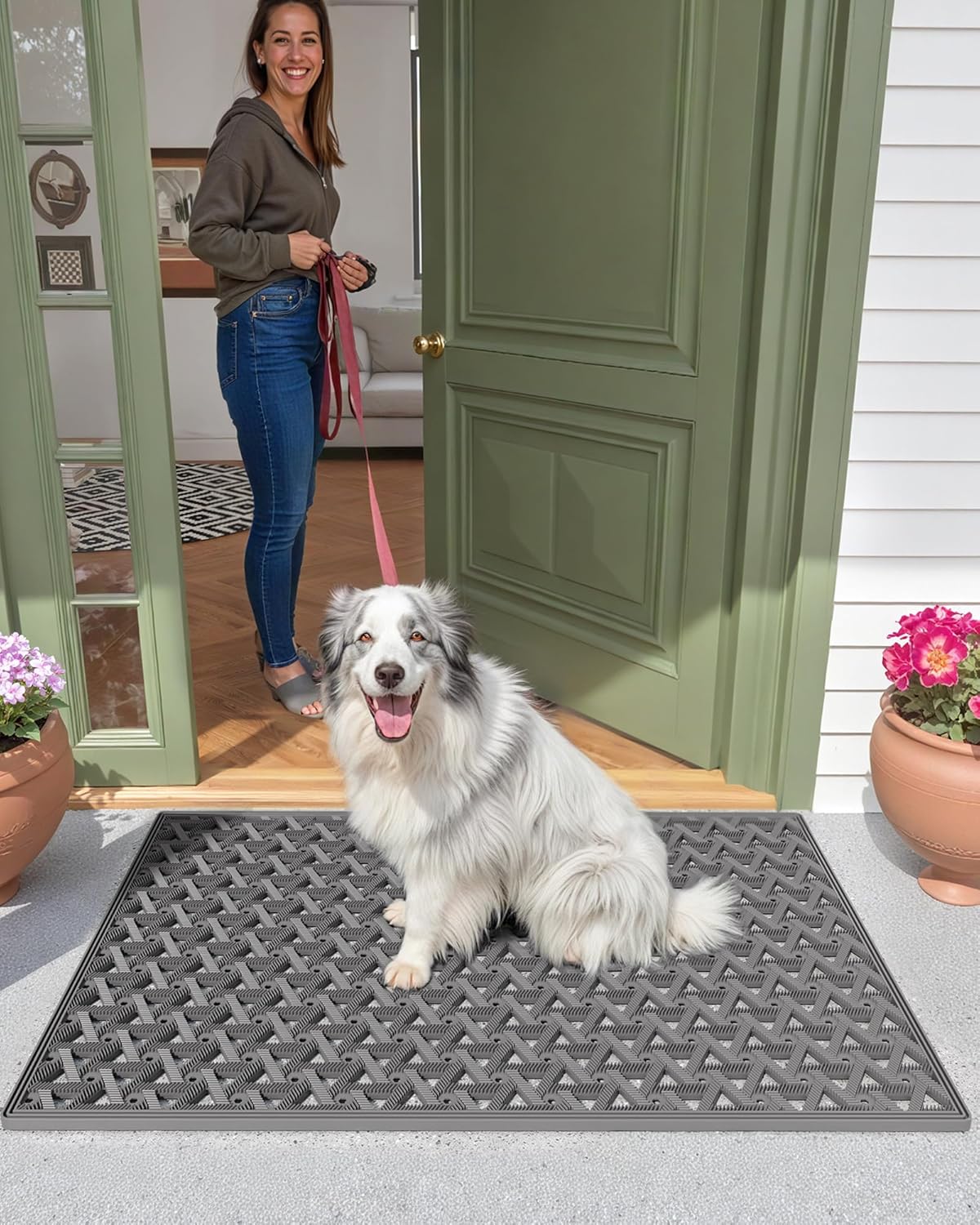 Color&Geometry Door Mat Outside Entrance with Drainage, Rubber Heavy Duty Dirt Trapper Waterproof Outdoor Welcome Mat, Outdoor Mats All Weather for Front Back Door Patio Entryway Entry,19"X30" Grey