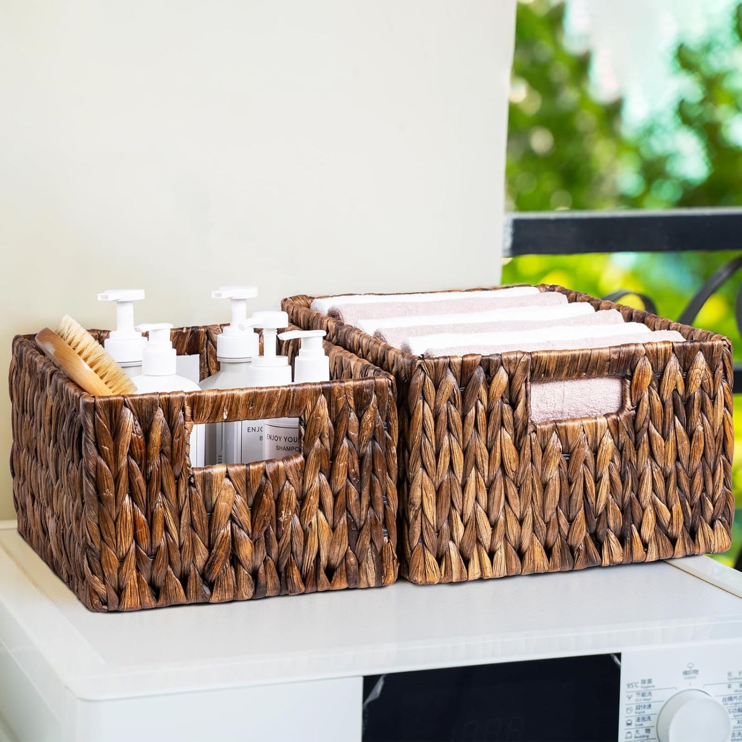 FairyHaus Wicker Basket with Handle 2Pack-15x11x7" & 13.4x9.5x6.5", Brown Water Hyacinth Wicker Baskets for Storage, Natural Hand Woven Baskets for Organizing