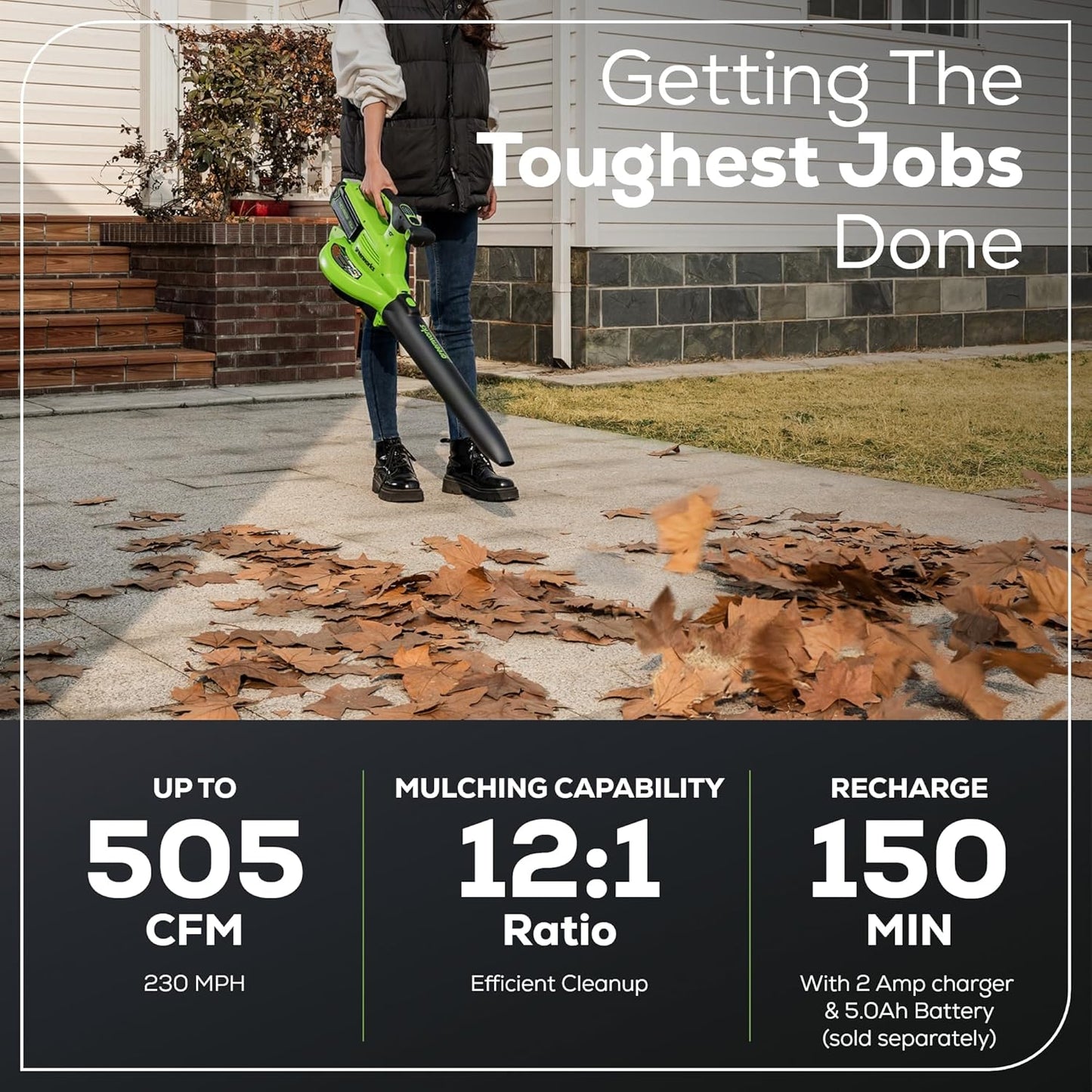 Greenworks 40V (230 MPH / 505 CFM) Cordless Brushless Leaf Blower/Vacuum with Bag, High Power, Lightweight & Quiet for Yard Debris Cleanup, Battery and Charger not included