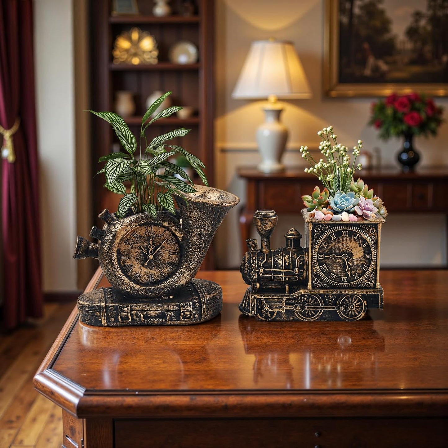 Retro-Style Succulent Pots with Drainage, Indoor/Outdoor Planter, Nostalgic Cactus/Bonsai Garden Pots for Home Decoration and Office Desk Decoration, Vintage Artwork (2 Piece Set) (Bronze-Colored)