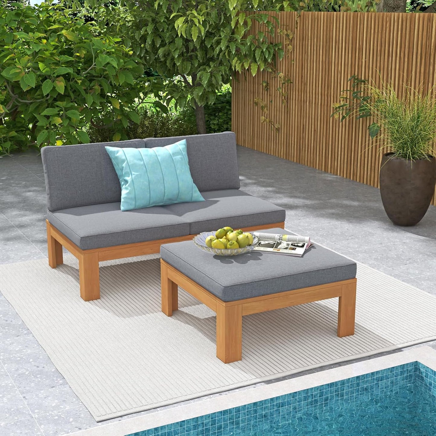 SUNSITT 2 Piece Acacia Wood Patio Furniture Outdoor Loveseat Sofa Set with Adjustable Armrest, FSC Certified L-Shaped Patio Set w/2-in-1 Coffee Table, Grey Cushions for Garden