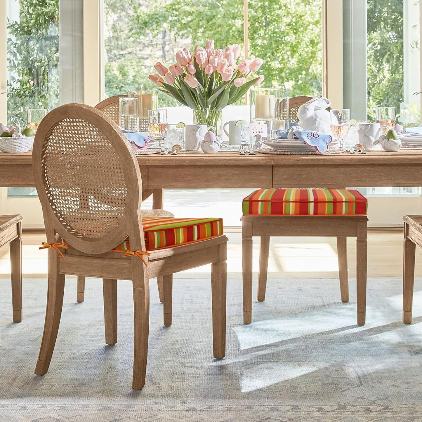 Outdoor Round Corner Seat Cushion, 17"x16"x2", Set of 4, Non Slip Seat Cushion Pads with Removable Cover for Patio Furniture, Garden Yard Lawn, Rainbow Stripe