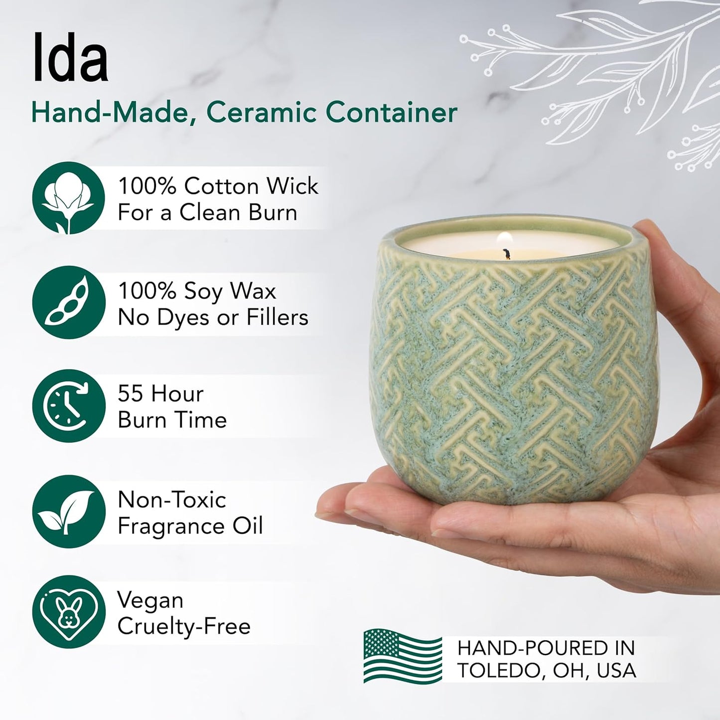 The Growing Candle, Sandalwood & Vanilla Scented, 10oz Ceramic Pot, Aromatherapy Candles for Home, 100% Soy, Ida