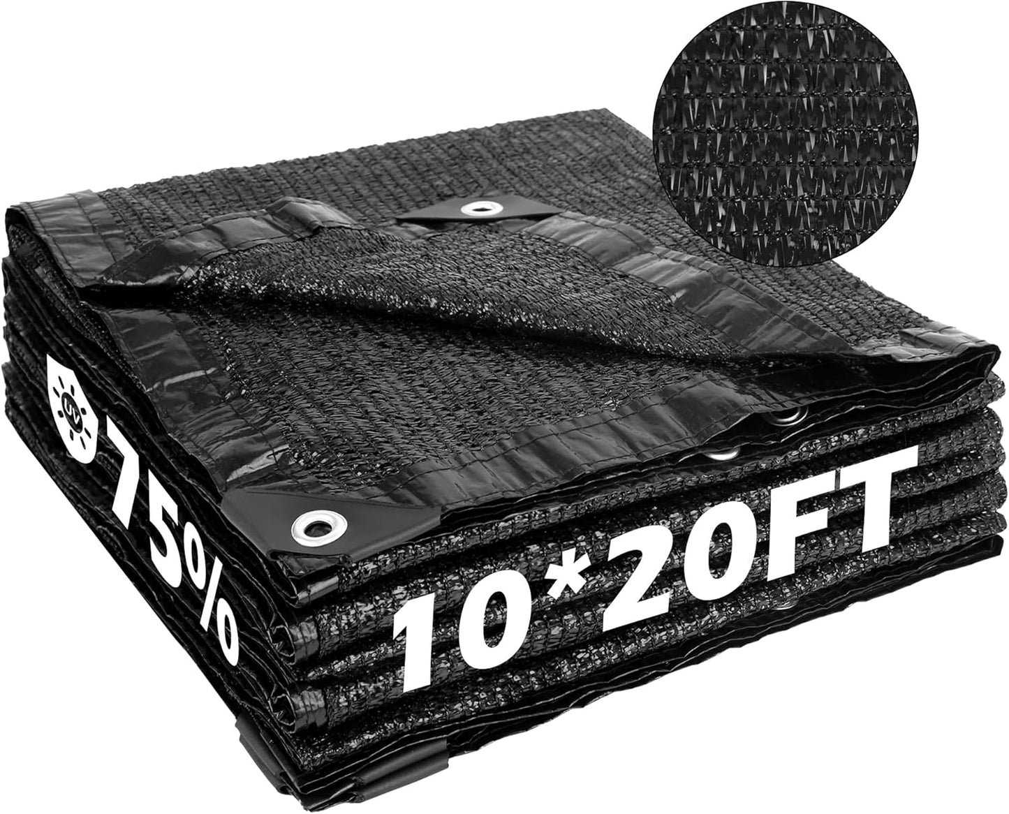 Garden expert 75% Black Shade Cloth 10x20FT Taped Edge with Grommets Sun Net Mesh for Garden Patio Backyard UV-Resistant