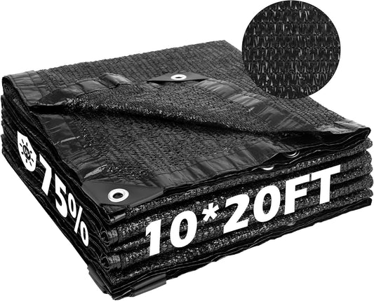 Garden expert 75% Black Shade Cloth 10x20FT Taped Edge with Grommets Sun Net Mesh for Garden Patio Backyard UV-Resistant