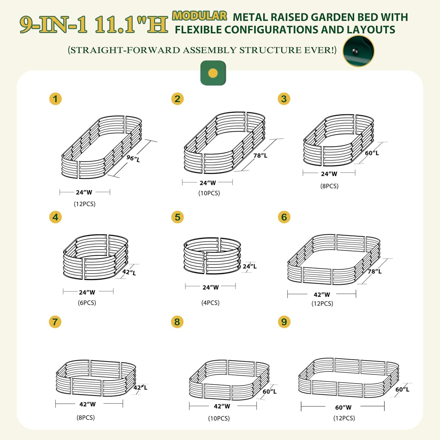 MUPATER 8x2FT Outdoor Raised Garden Bed, 9-in-1 Galvanized Metal Planter Box for Vegetables, 11.1'' H Modular Garden Bed Kit Oval for Herbs and Flowers, Green