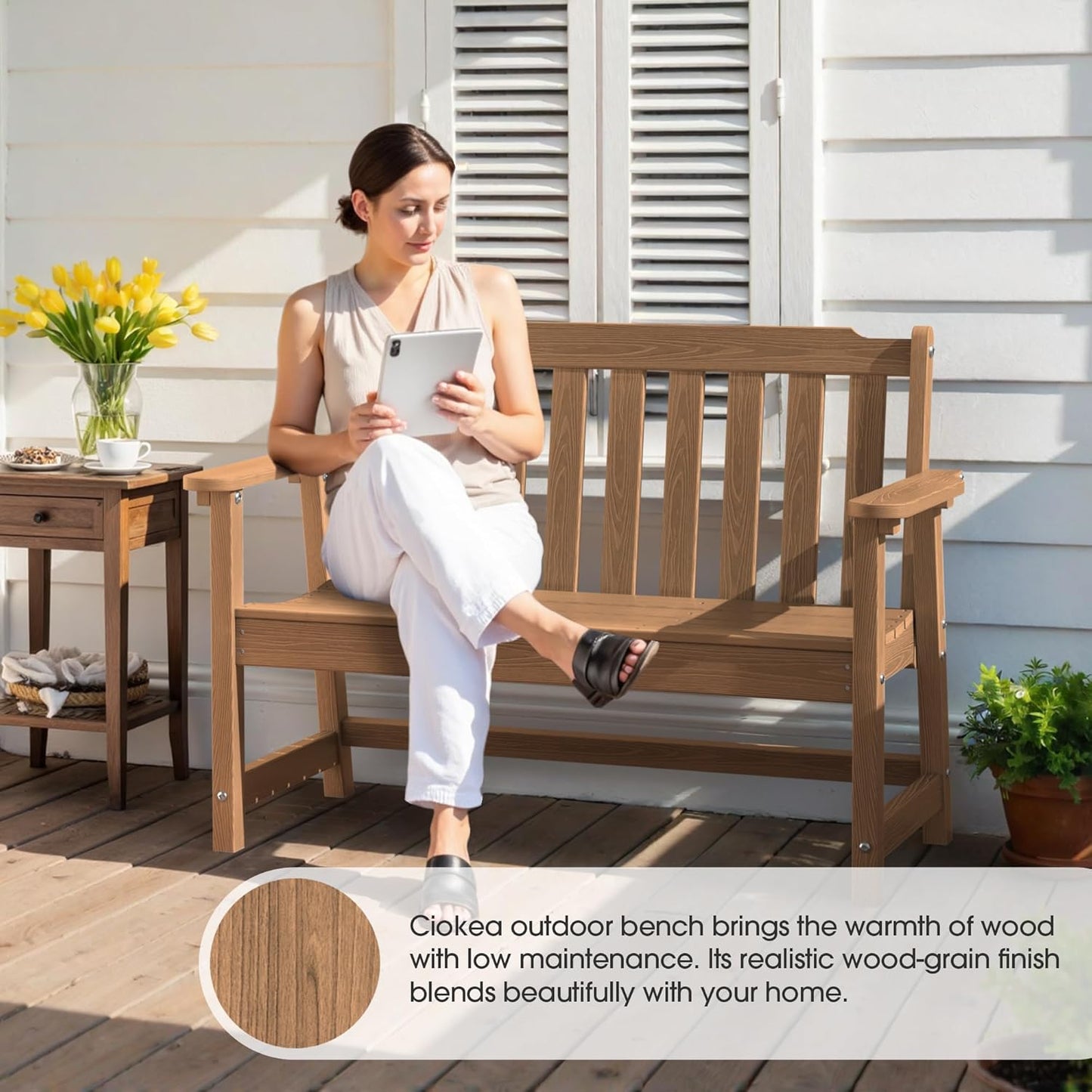 Ciokea 46" Heavy Duty Outdoor Bench Set of 2, HDPE Weatherproof Garden Bench, 2-Person Memorial Benches with 660 Lbs, Waterproof Patio Porch Benches for Outside Business Deck Office Backyard, Teak