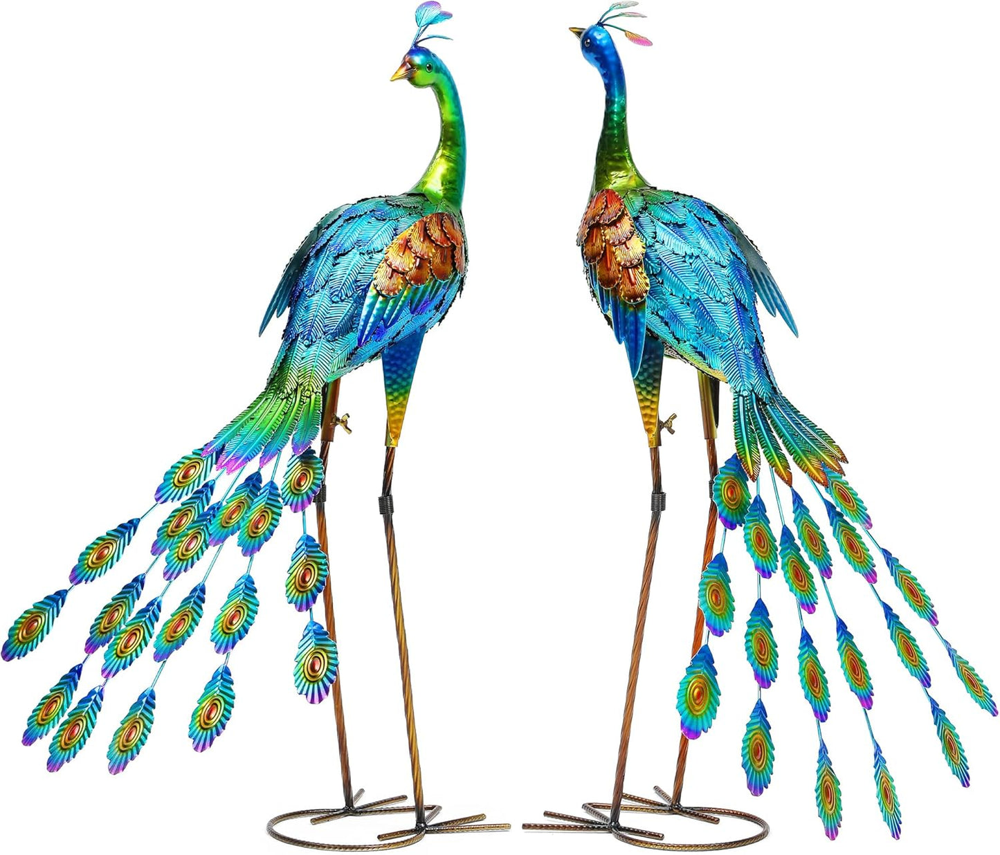 32" Metal Peacock Yard Decor - Handmade Oversize Peacock Sculptures with Stable Ground Stakes, Backyard Decoration, Metal Garden Art.