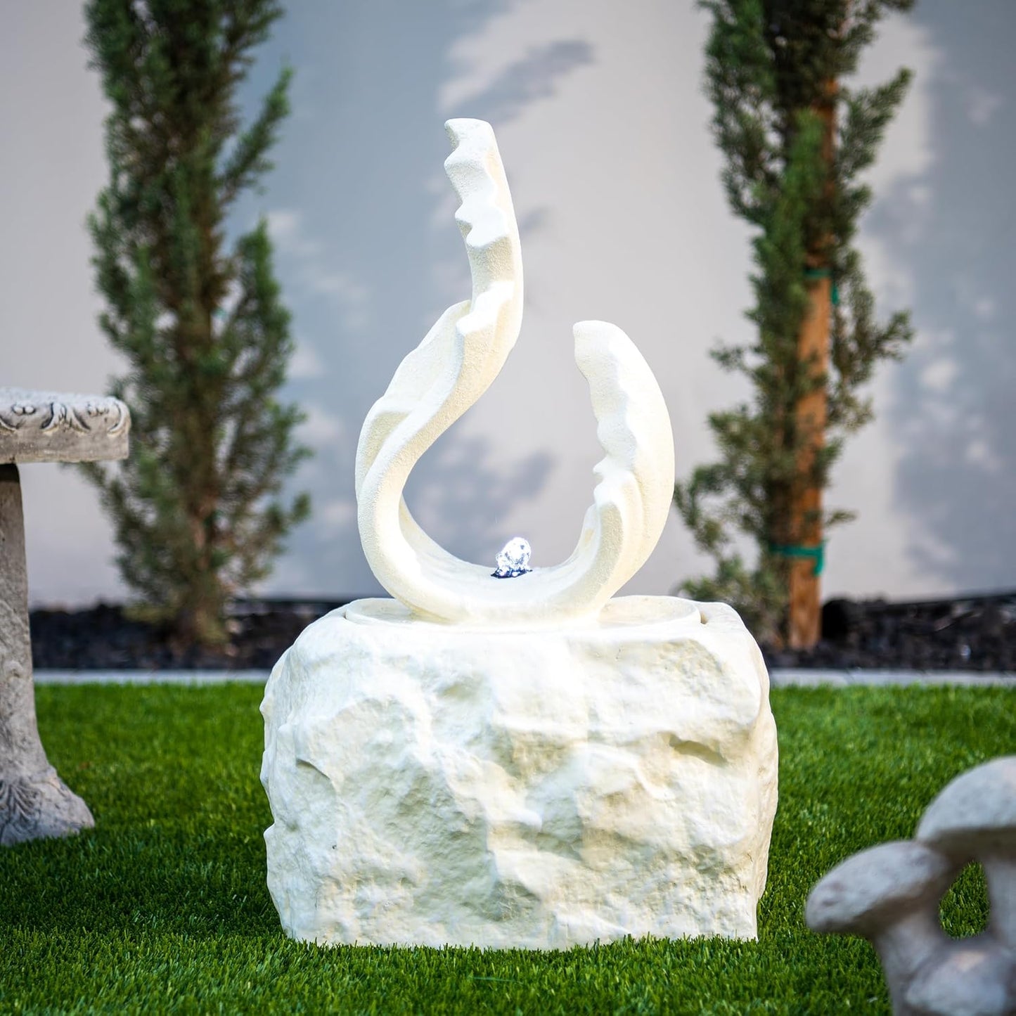 XBrand 25 in H Stone-Look Sculptural Modern Freestanding Fiber Resin Outdoor Garden Fountain w/LED Light, White