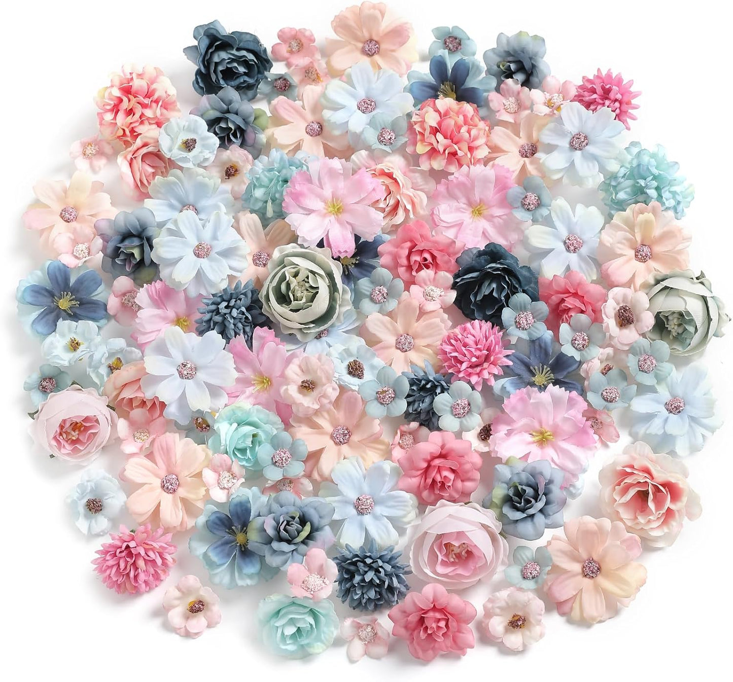 Faux Flower Heads Small Silk Artificial Flower DIY Fake Mini Flowers Rose Daisy Flowers Craft Supplies for Wedding Party Wreath Graduation Season Party Home Decor (125, Blue Pink)