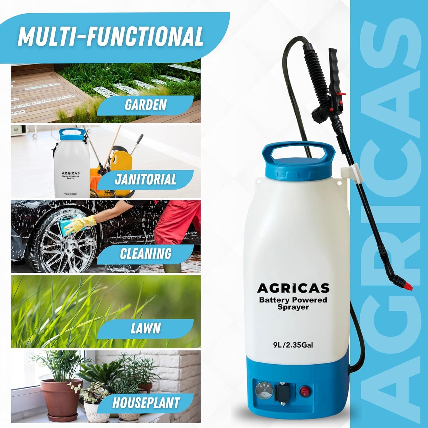 Battery Powered Sprayer 2.35 Gallon, Electric Garden Sprayer for Weed/Pest Control, 6 Nozzles, 50 PSI Pressure, Telescopic Wand, Shoulder Strap, Long-Lasting 12V Battery