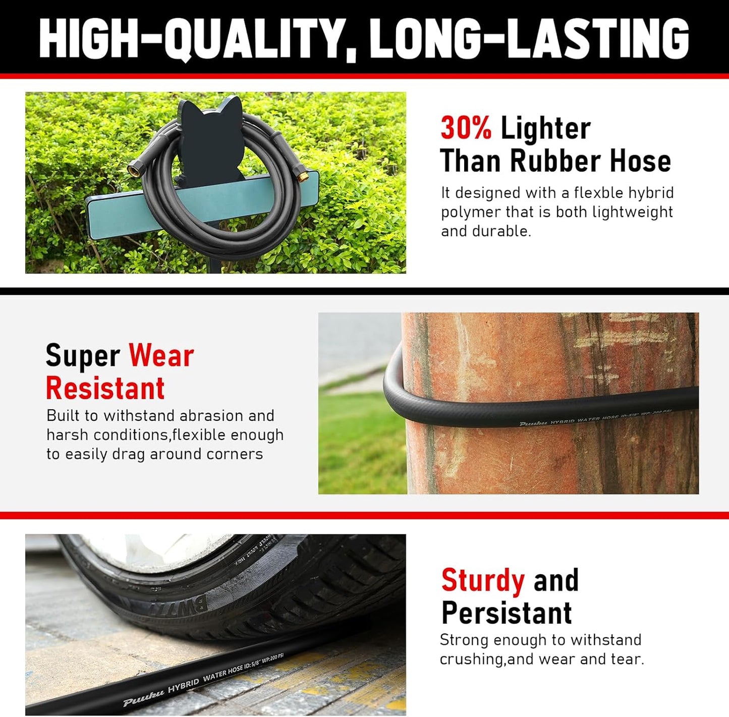 Short Garden Hose 6ft x 5/8", NON-EXPANDABLE Heavy Duty Premium Flexible Water Hose, No Kink, Leakproof, Lightweight Hybrid Hose with Male to Female Fittings for Household、Backyard