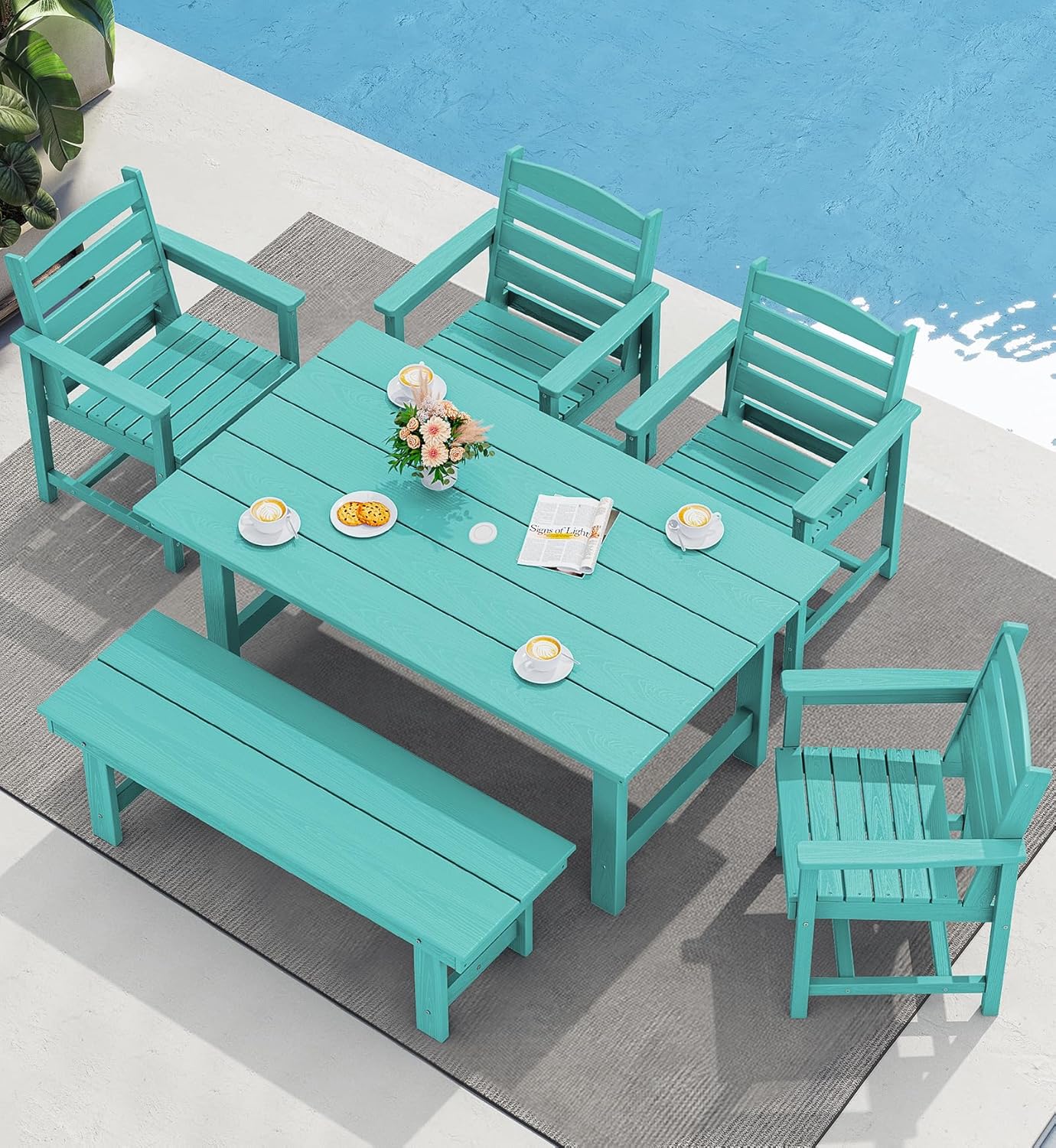 SERWALL 6-Person Outdoor Dining Table - 67" Rectangle HDPE Patio Table with Center Umbrella Hole, Weatherproof, Aruba