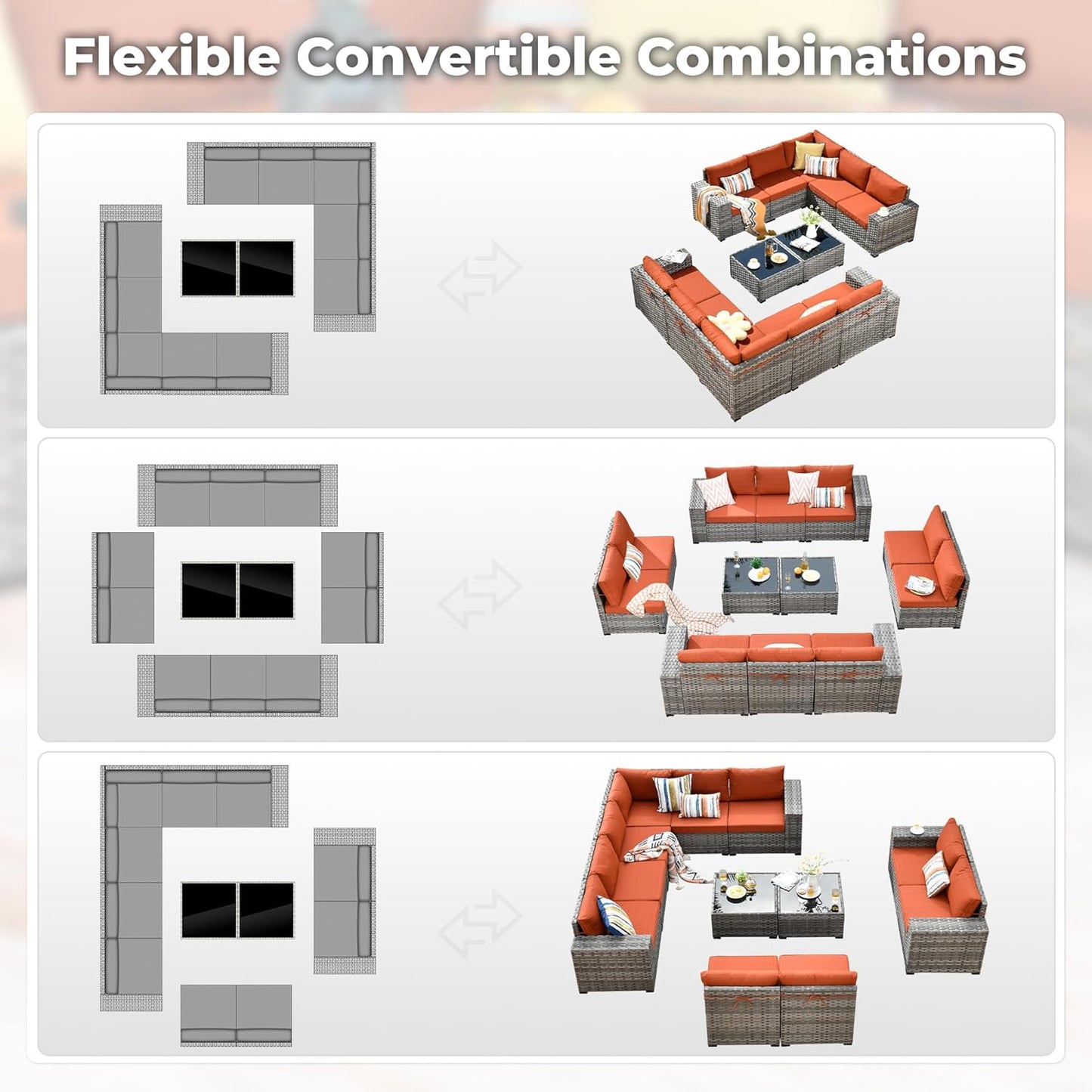 ovios 12 Pieces Patio Furniture Set, Outdoor Wicker Sectional Sofa with Glass Table Comfy Cushions, Modern Modular Deep Seat Couch Rattan Conversation Set, Orange Red