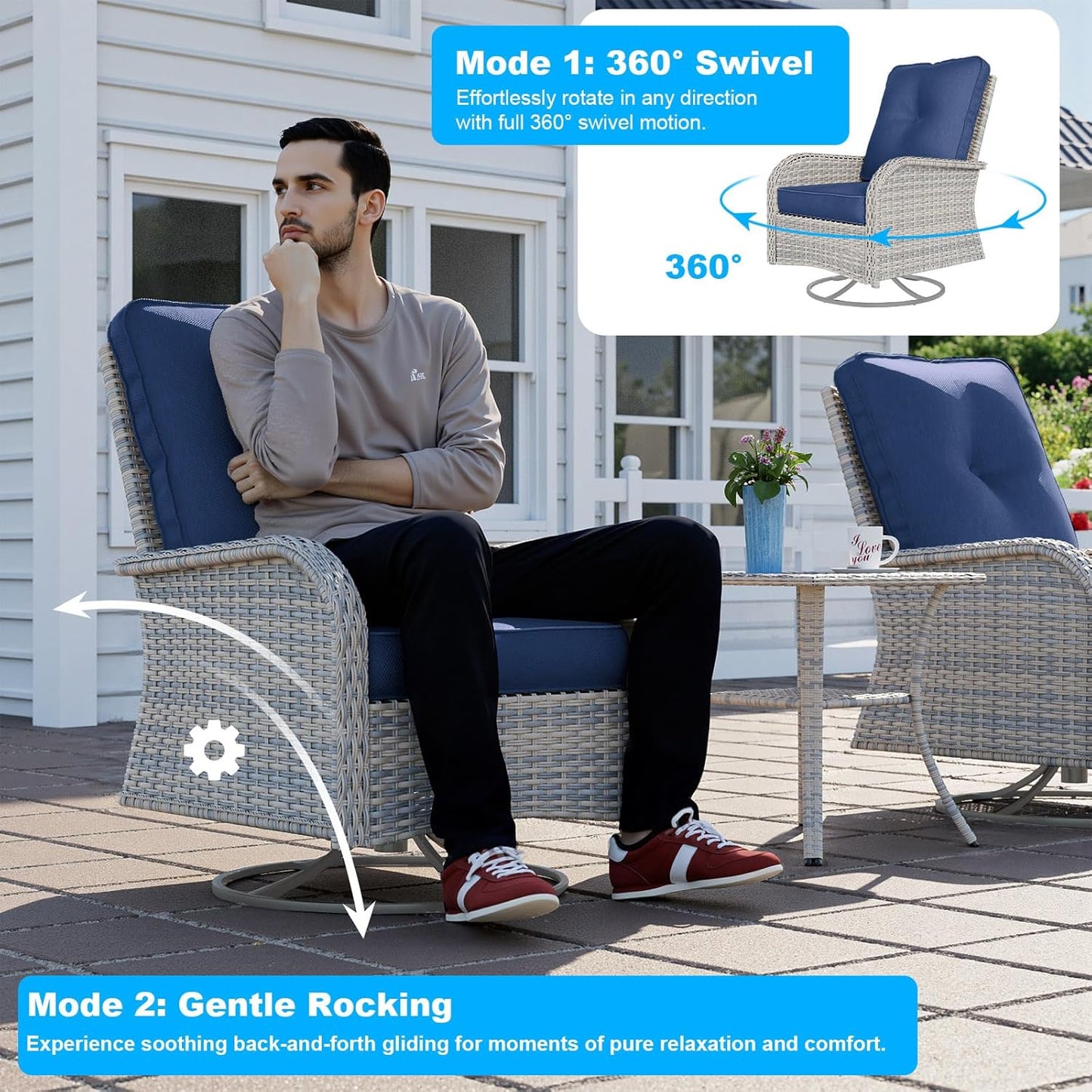 11-Piece Patio Furniture Set, Outdoor Patio Furniture with Fire Pit Table, Swivel Chairs Set, Thick Cushions, Modular Patio Sofa, Dual-Strand Wicker Rattan, Rust-Resistant Frame, Navy Blue