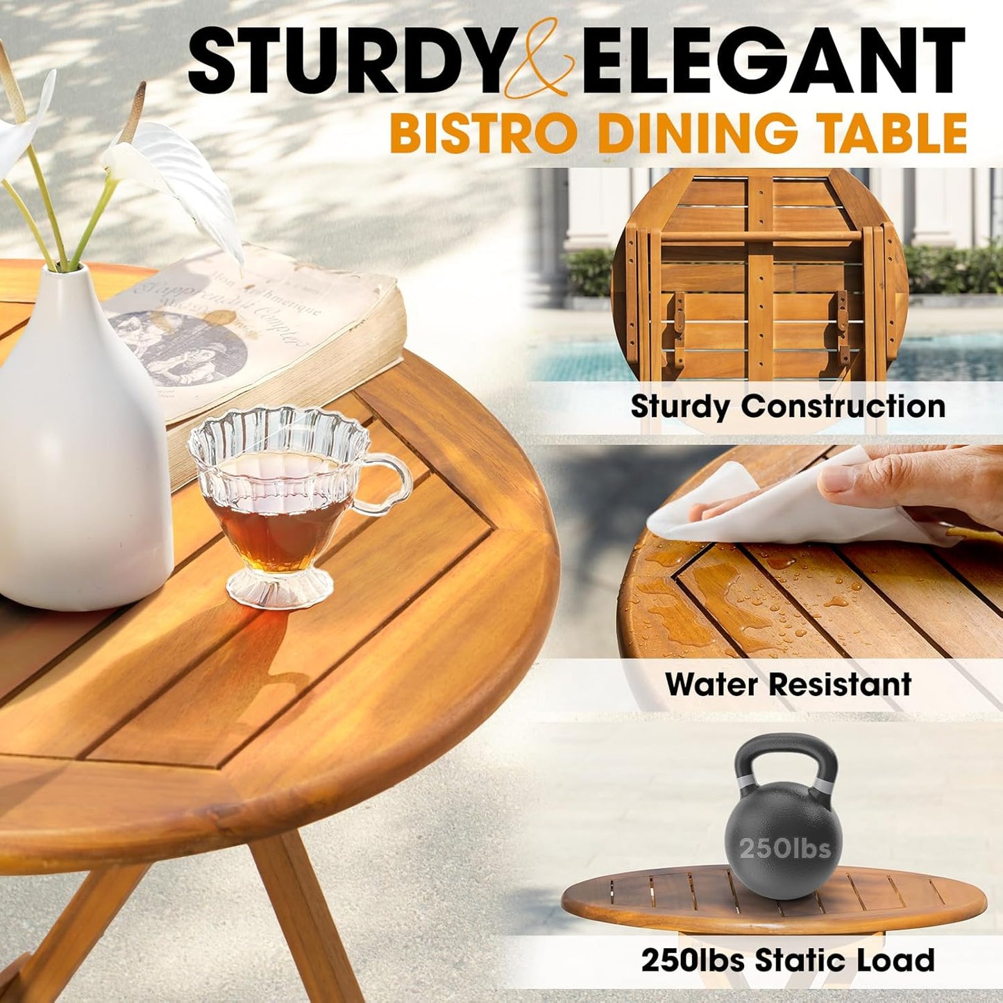 IDZO Wood Rope Design Heavy Duty 400lbs Capacity Patio Bistro Set 3 Piece Outdoor, Black