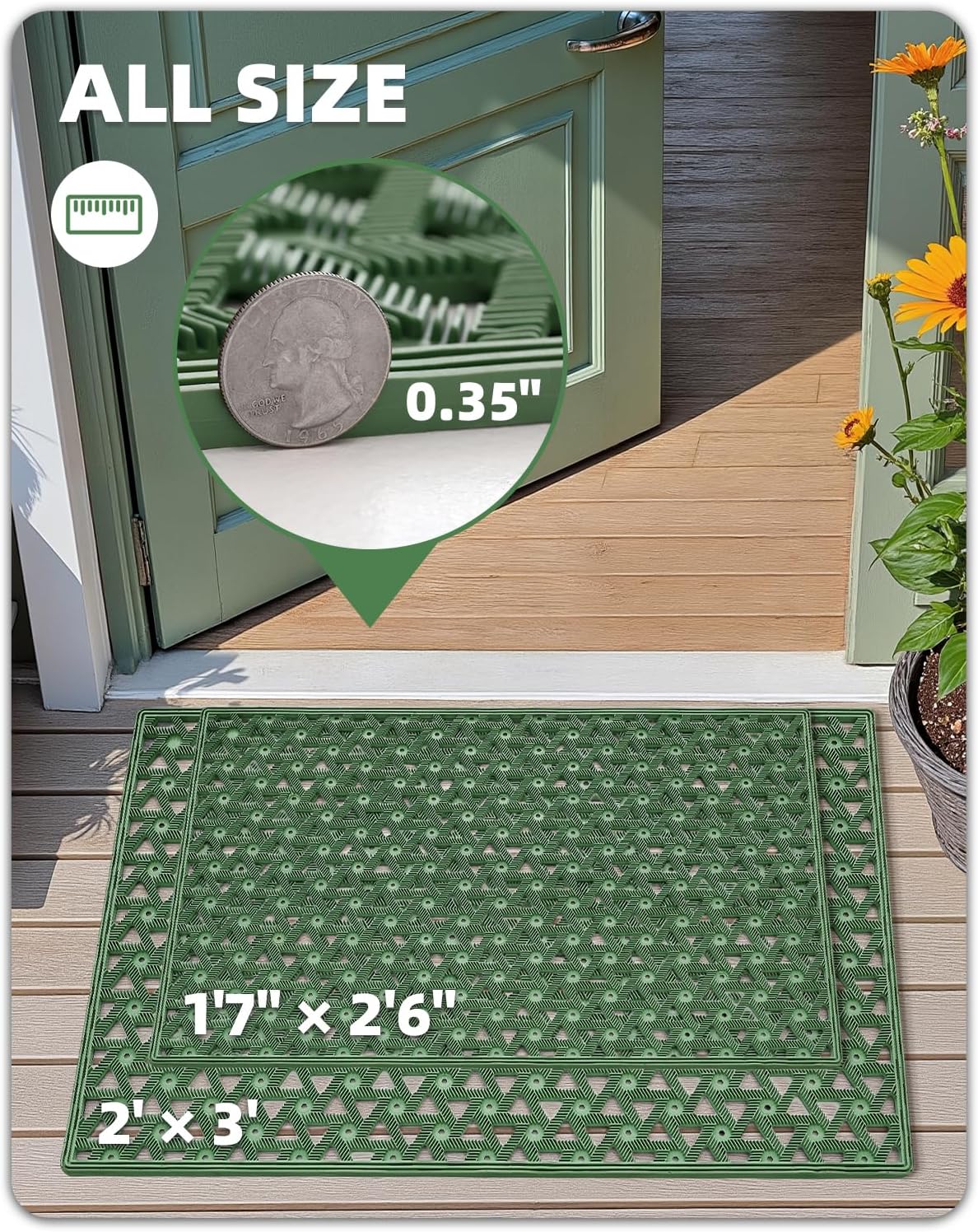 Color&Geometry Door Mat Outside Entrance with Drainage, Rubber Heavy Duty Dirt Trapper Waterproof Outdoor Welcome Mat, Outdoor Mats All Weather for Front Back Door Patio Entryway Entry,19"X30" Green