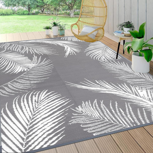 Pauwer Waterproof Outdoor Rug 8x10, Reversible Plastic Straw Patio Camping Rug, Indoor Outdoor RV Mat Carpet for Deck, Camper, Porch, Balcony, Backyard, Picnic, Leaf Grey