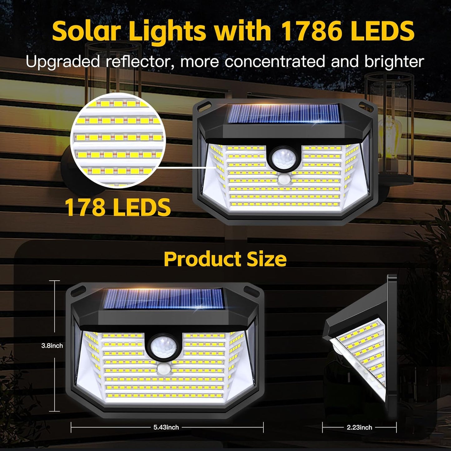 Solar Lights Outdoor Motion Sensor, 178 LED 300LM Waterproof IP65, Wall Mounted Security Light with 3 Modes, 270° Wide AngleWide Angle, Solar Powered for Garden, Yard, Patio, Front Door(8Pack)