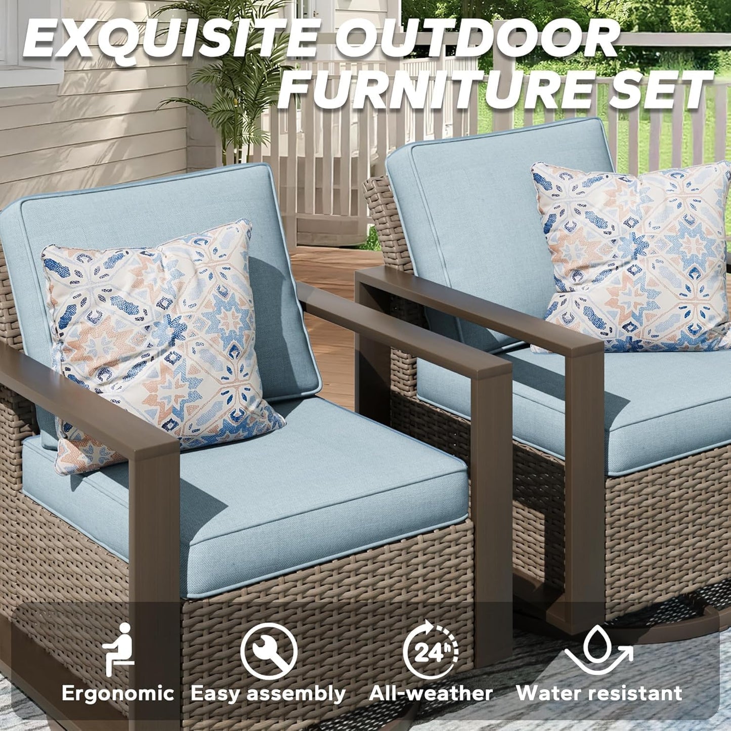 Outdoor Wicker Metal Chairs Set of 2 with Two Ottomans, 360 Degree Glider Rockers Armchairs, 4 Pieces Patio Bistro Set with Wood-Looking Metal Armrest for Poolside, Terrace, Baby Blue