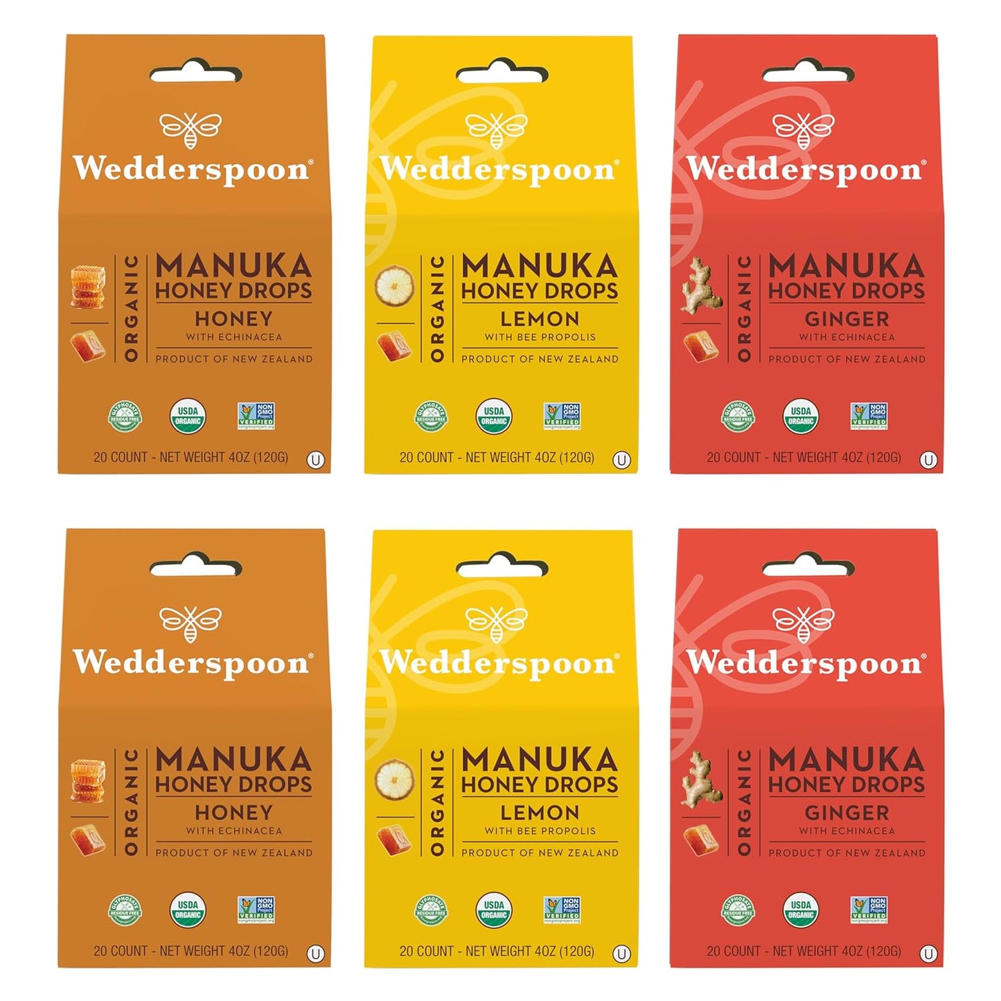 Wedderspoon Organic Manuka Honey Drops, Variety Pack, 4 Oz (Pack of 6) - Genuine New Zealand Honey - Perfect Remedy For Dry Throats