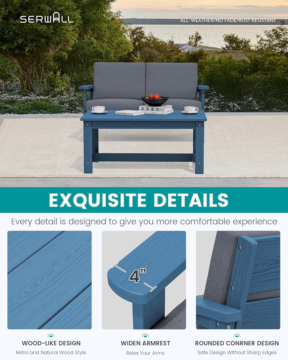 SERWALL HDPE Outdoor Patio Loveseat, Blue Frame and Grey Cushion