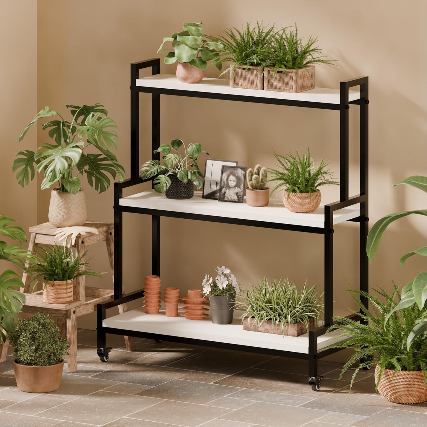 Rustic Plant Stand With Wheels, Rolling Shelves Rack Indoor Outdoor, Metal Stand With Solid Wood for Multiple Plants, Industrial Ladder Flower Shelf for Garden, Living Room, White