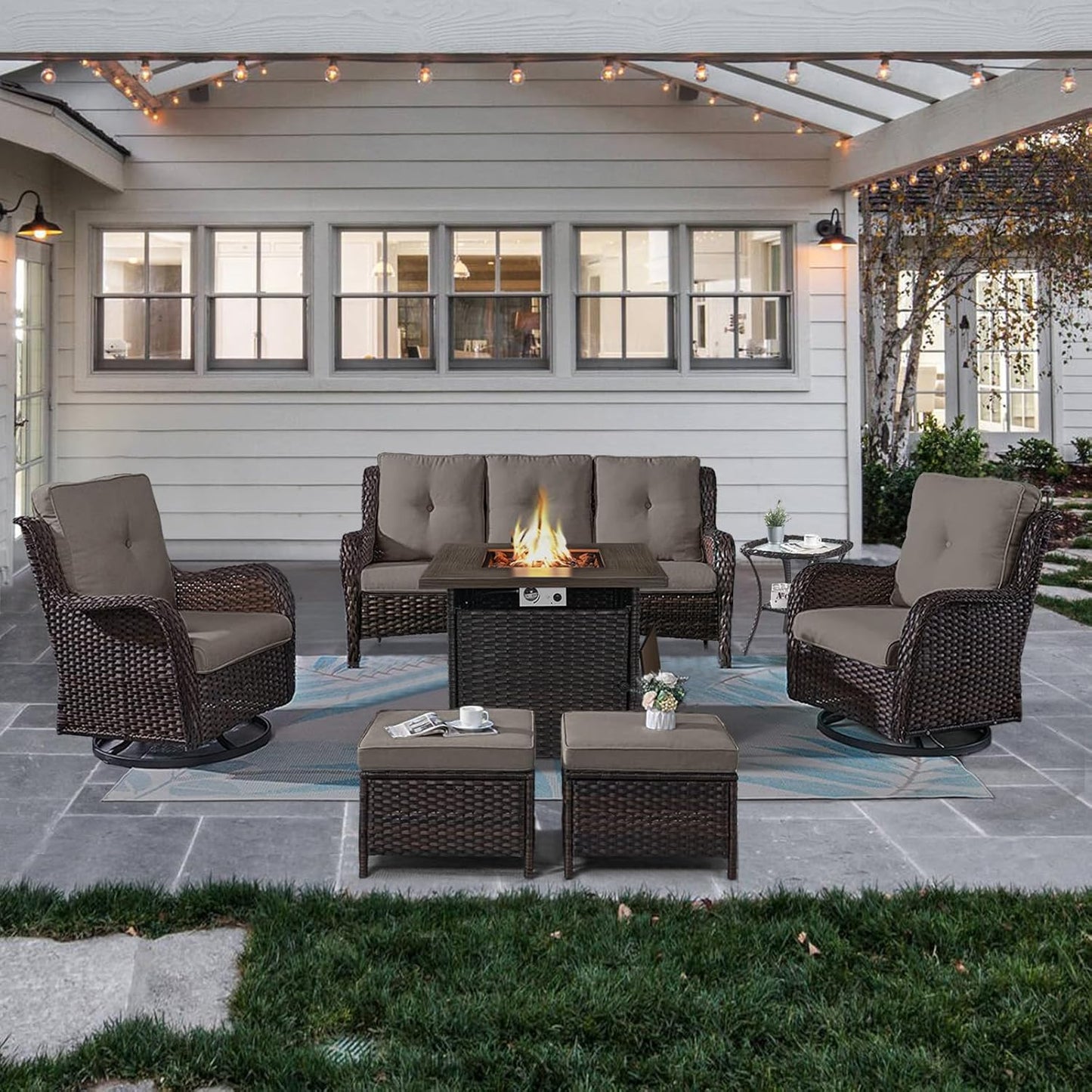 Outdoor Patio Furniture Set with Propane Fire Pit Table, 7 Pieces Wicker Patio Conversation Set with 2 Swivel Glider Rocker Chair Rattan Sofa Grey Cushion Perfect for Casual Gathering
