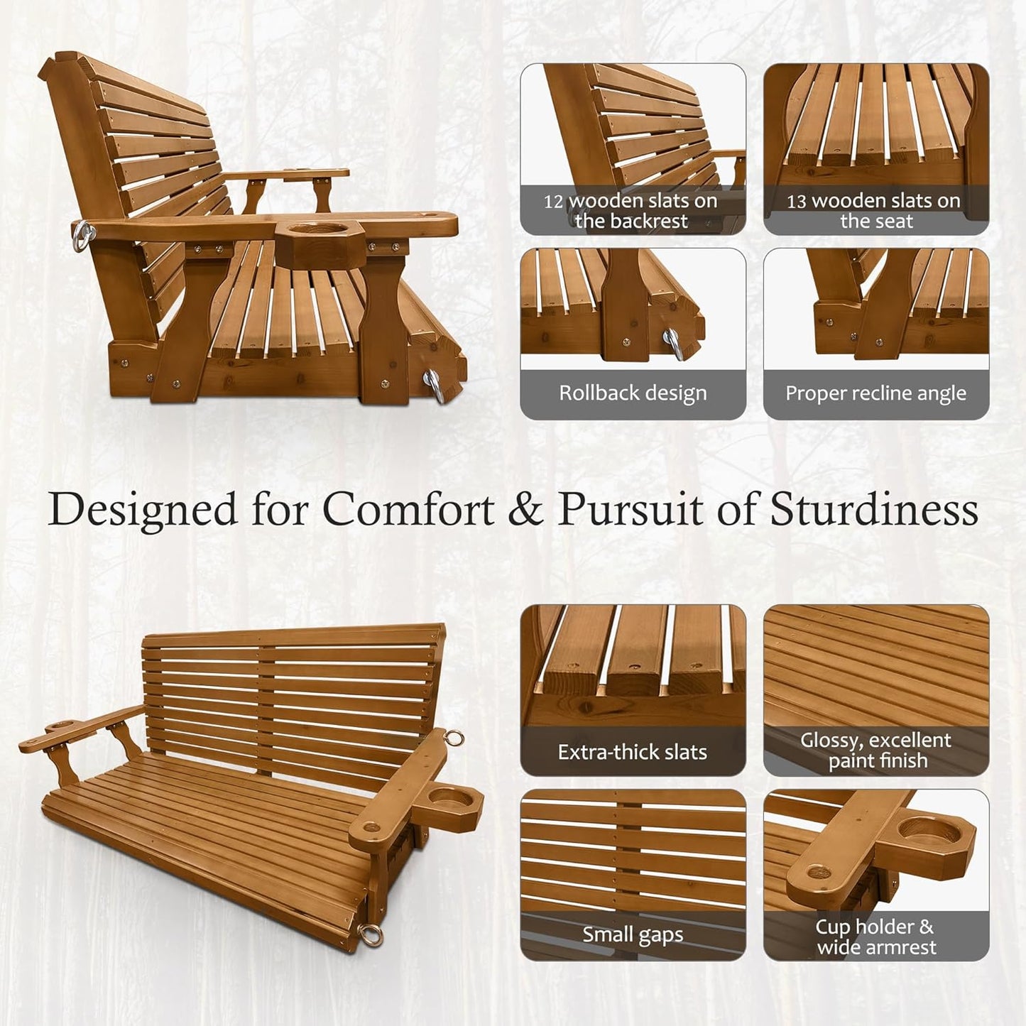 Wooden Porch Swing 2-Seater, Bench Swing with Cupholders, Hanging Chains and 7mm Springs, Heavy Duty 880 LBS, for Outdoor Patio Garden Yard (Cedar Tone, 4.5 FT Extra Large)