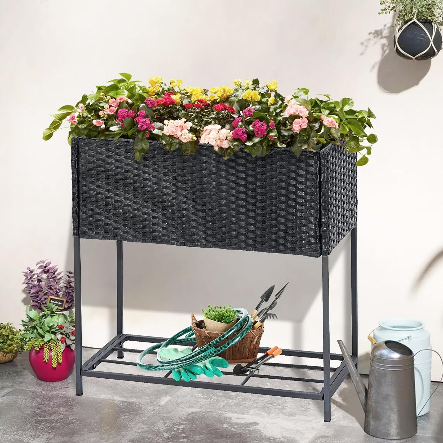 LEWIS&WAYNE Raised Garden Beds Outdoor with Legs Handmade Wicker Planter Box with Removable Liner & Storage Shelf Elevated Garden Bed for Vegetable Flower Herb - Black