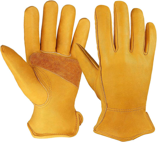 OZERO Flex Grip Leather Work Gloves Stretchable Wrist Tough Cowhide Working Glove 1 Pair (Gold, Large)