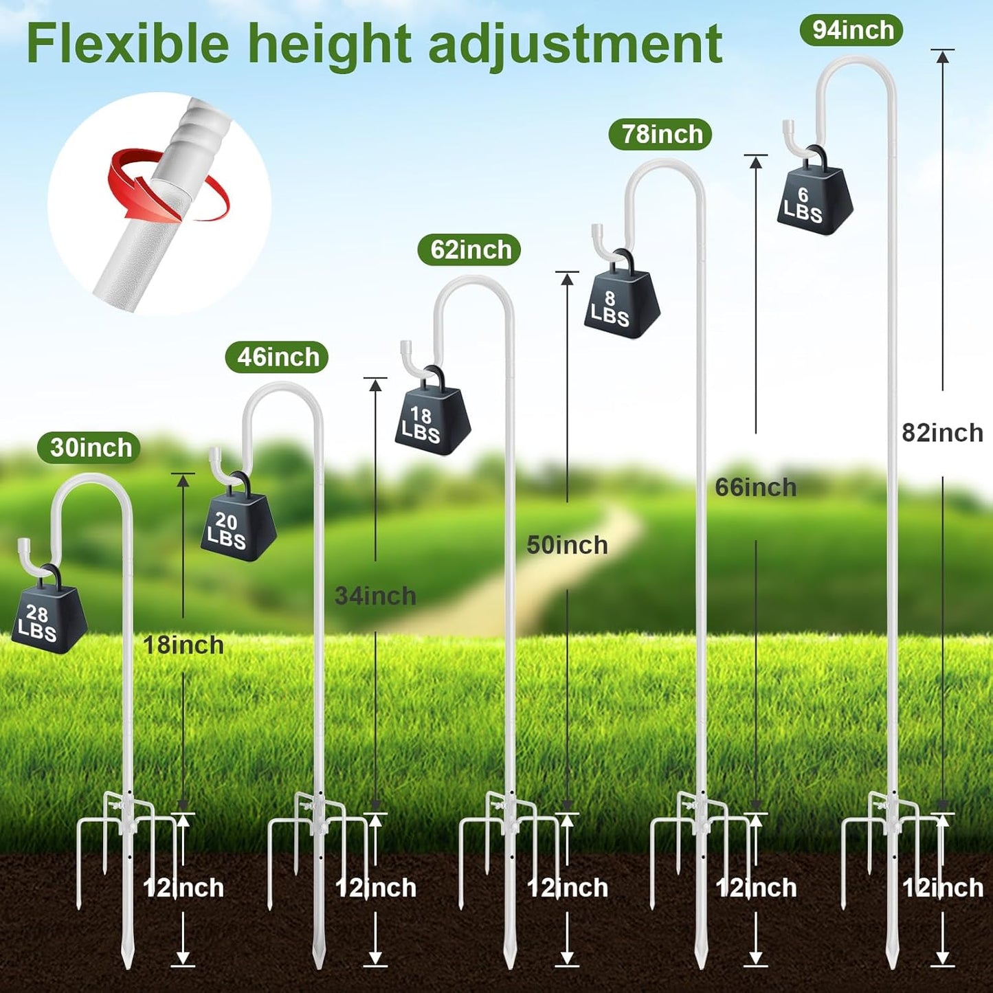 Hummingbird Feeder Pole for Outdoors - Heavy Duty Bird Feeder Stand with Adjustable Stake,62" Rustproof Shepards Poles with Hangers Holder for Birdfeeder,Wind Chimes,Lanterns,Wreaths,White