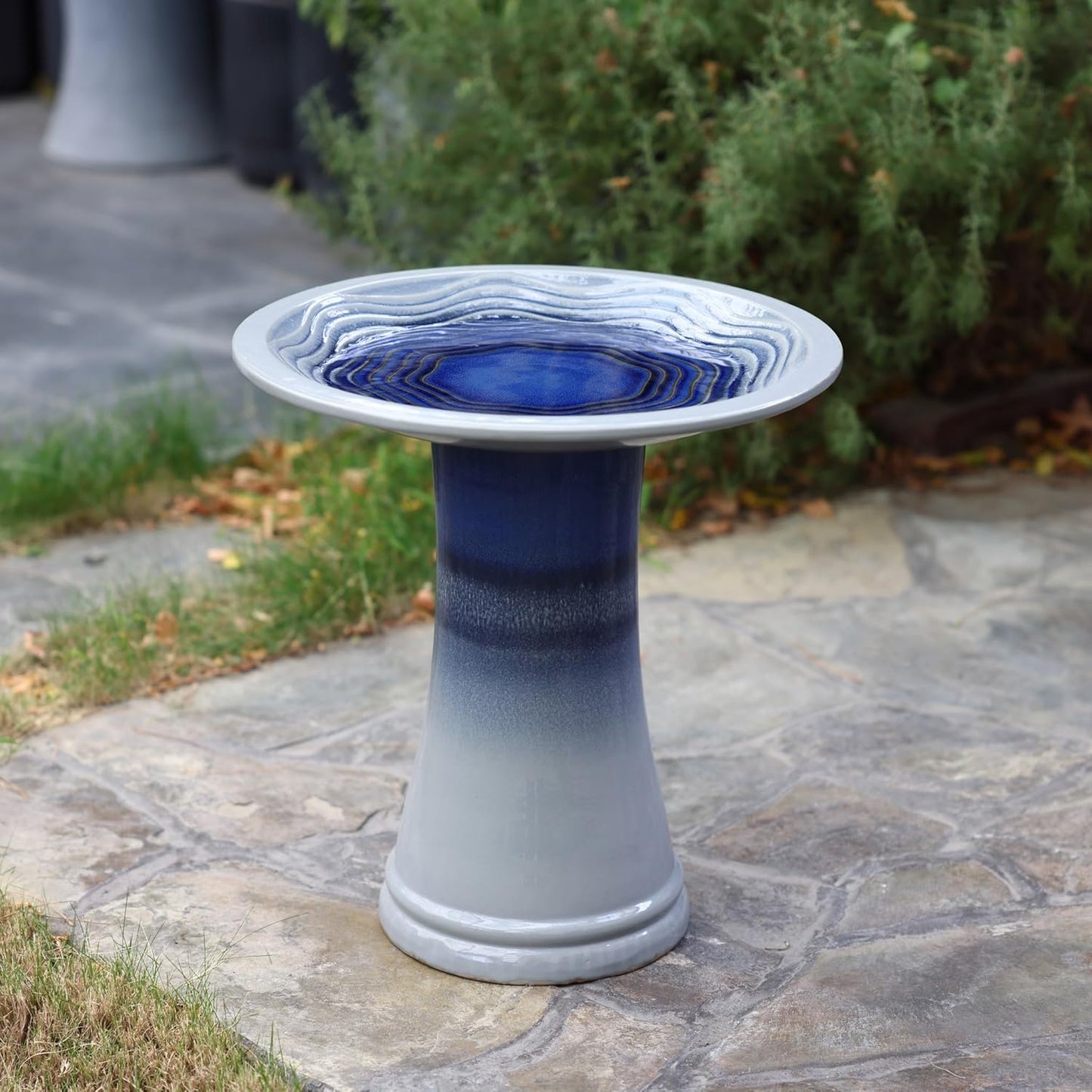 LuxenHome 18 Inch Ceramic Bird Bath for Outside, Elegant Tall Outdoor Bird Bath, Lightweight Pedestal Glazed Birdbaths for Outdoors with Swirl Pattern, Ombre Blue