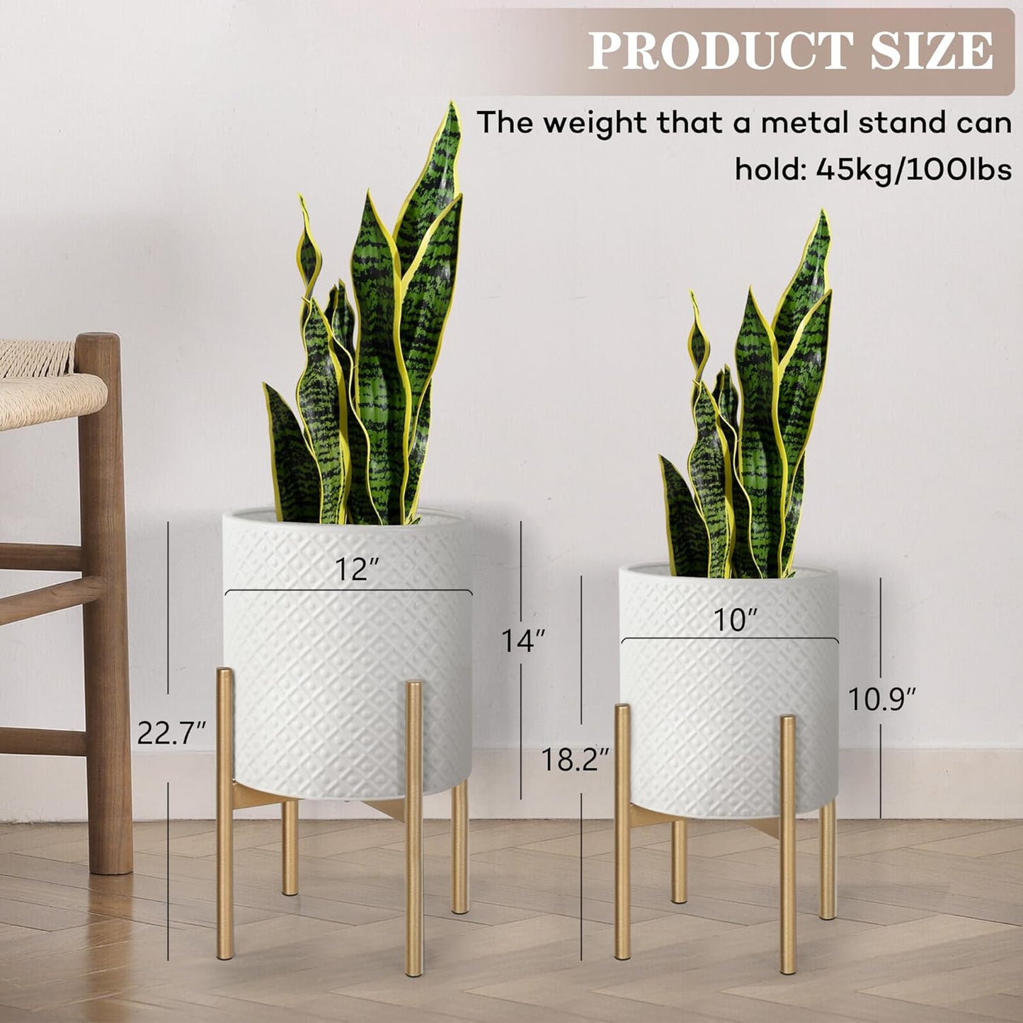 Oakrain Mid Century Planters for Indoor Plants, Metal Plant Set of 2, Modern Decorative Plant Pots for Living Room, Garden, Balcony, White Planters with Glod Plant Stands, 10 inch & 12 inch