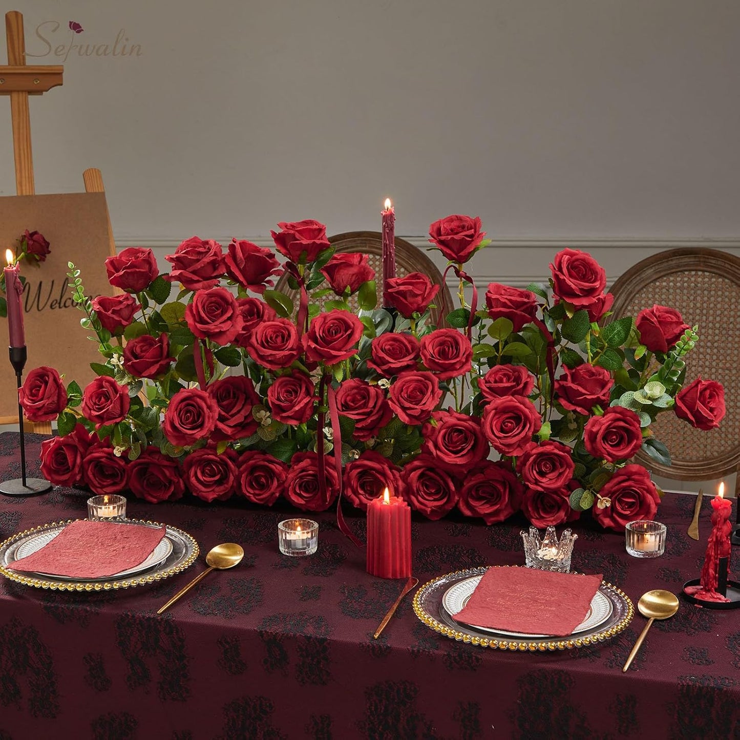 Serwalin 30PCS Red Roses Artificial Flowers, Realistic Red Roses Bouquet with Long Stems Fake Silk Roses Flowers for Wedding Centerpieces Bridal Bouquet Party Home Decor