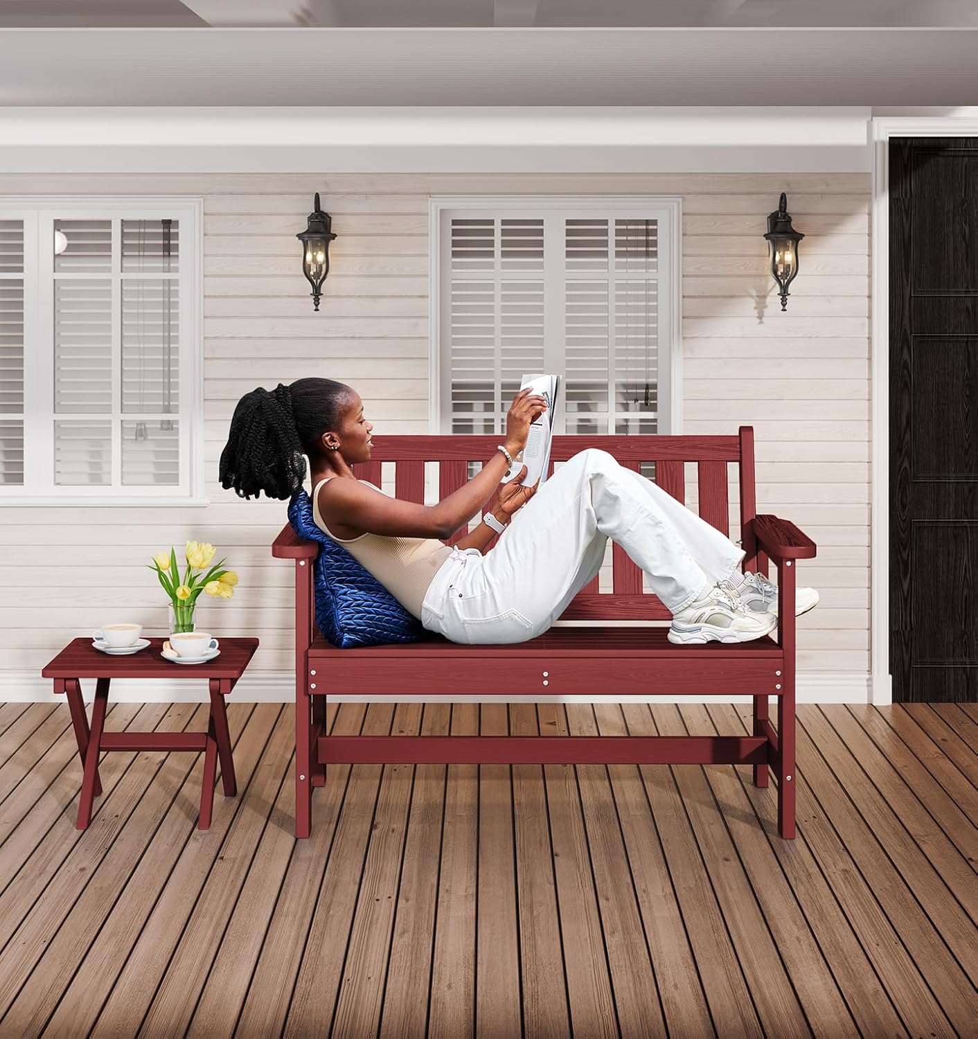 SERWALL Outdoor Bench, HDPE Outdoor Benches Weatherproof, 2-Person Garden Bench with 660 lbs Weight Capacity, Patio Benches for Outdoors, Garden, Porch, Backyard and Park, Red, 6 Pack