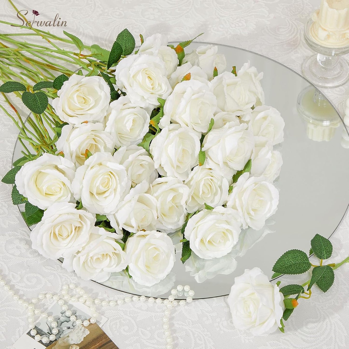 Serwalin 60 PCS White Roses Artificial Flowers, Ivory Fake Artificial Roses, Silk White Roses for Bridal Bouquet Wedding Centerpieces Table Arrangement Party Home Decor