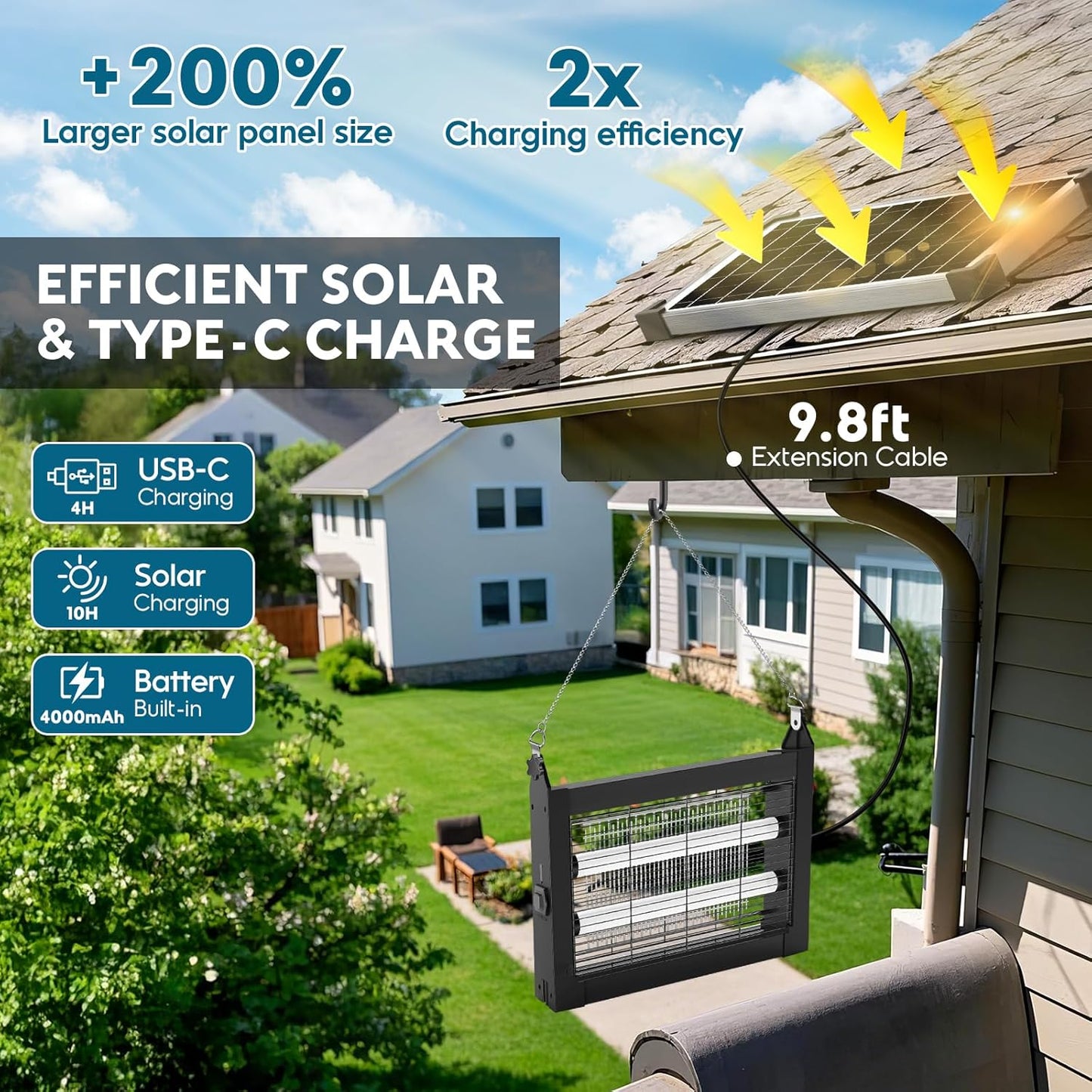 Solar Bug Zapper Outdoor, Waterproof Mosquito Zapper Outdoor Solar Powered, 4500V Electric Bug Zapper Indoor w/Smart Light Sensor, Mosquito Trap Fly Zapper for Patio Kitchen Garage Yard Camping