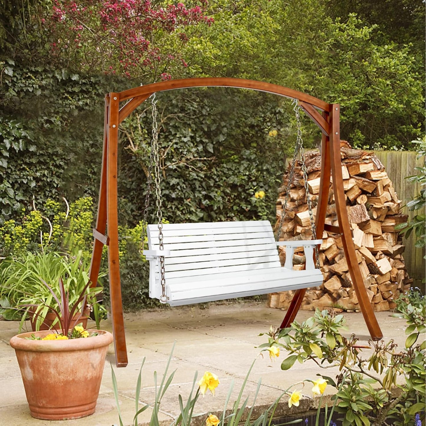 VINGLI Upgraded Patio Wooden Porch Swing for Courtyard & Garden, Heavy Duty 880 LBS Swing Chair Bench with Hanging Chains for Outdoors (White, 4 FT)