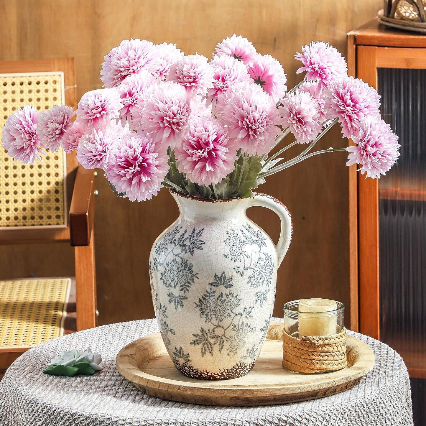 Enra Vintage vase with Handle,Blue and White Ceramic Decorative Flower vase, Chinoiserie Floral Vase,Large Rustic Vases for Home Decors, Living Room, Bookshelf, Office，9.7 inch