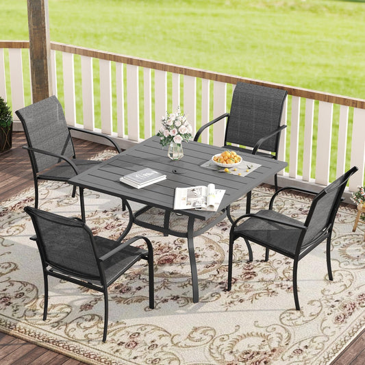 VICLLAX 5 Pieces Patio Dining Set, Outdoor Furniture Set Includes 37.8" Square Outdoor Table and 4 Stackable Patio Sling Chairs, Grey Tabletop and Grey Fabric