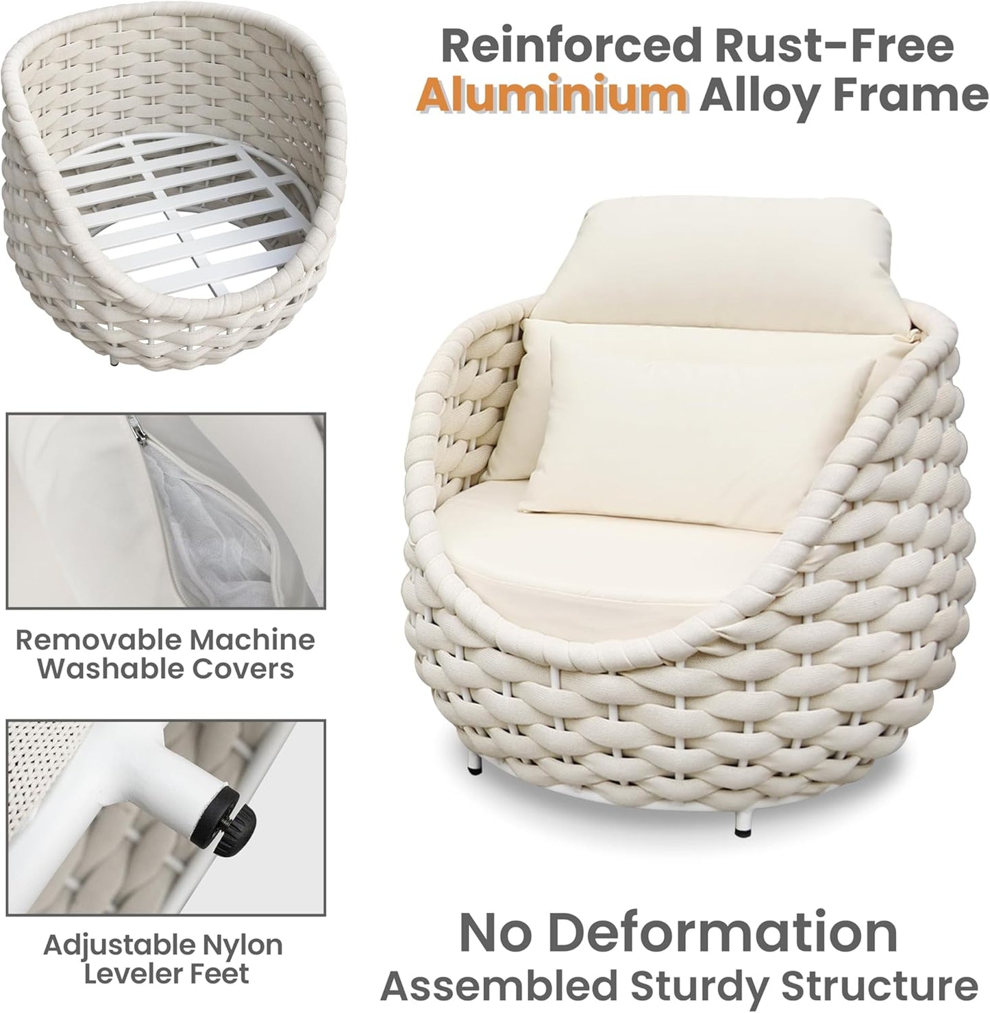 Woven Rope Outdoor Sofa Set: 6 Pieces Aluminum Patio Conversation Set Assembled - All Weather Cushioned Porch Furniture Couch - Modern Metal Lounge Set for Deck Yard Resort Hotel Sunroom, Beige