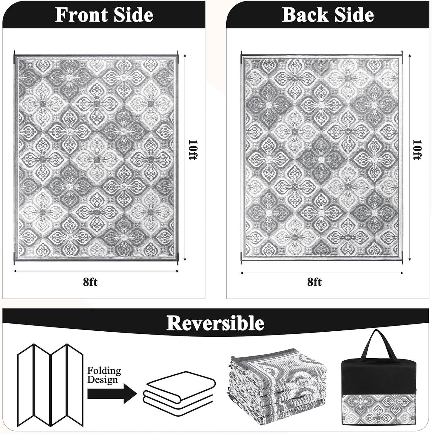 Pauwer Waterproof Outdoor Rug 8x10, Reversible Plastic Straw Patio Camping Rug, Indoor Outdoor RV Mat Carpet for Deck, Camper, Porch, Balcony, Backyard, Picnic, Clover Grey