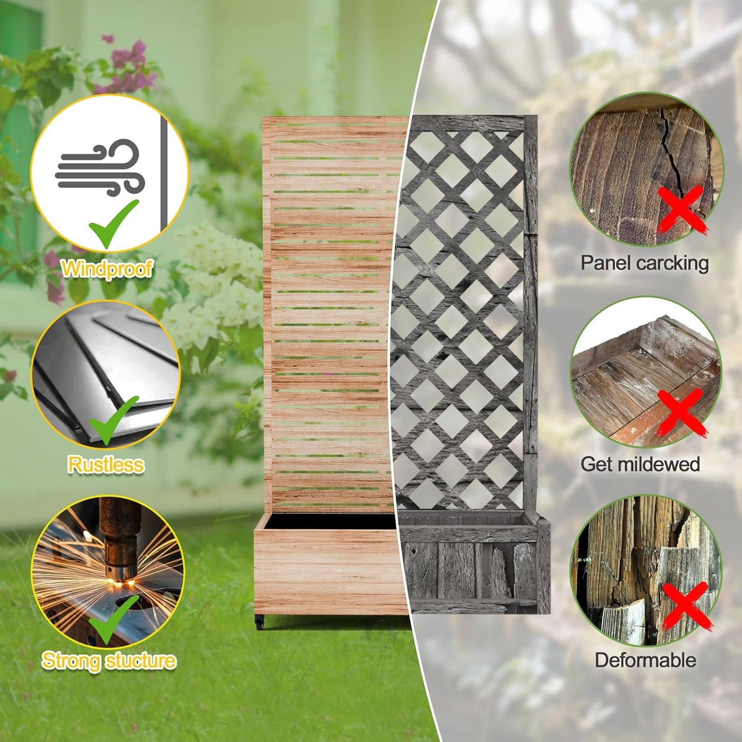 FENCY Metal Raised Garden Bed with Wheels and Trellis,73"x35"x16" Planter Box for Climbing Plants, Vegetables & Vines, Features Privacy Screen and Drainage Holes (Acacia Wood Finish)