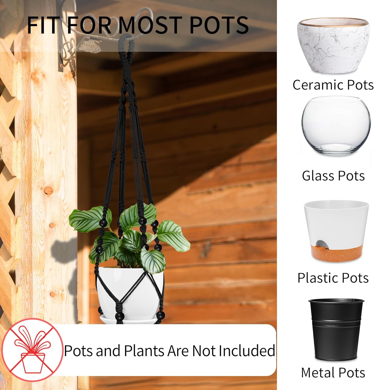 3 Pack Macrame Plant Hanger - 43"/35"/29" Different Sizes, Hanging Planter Basket Flower Pot Holder for Indoor Outdoor, with Wood Beads, Boho Home Decor, Black (POTS NOT Included)