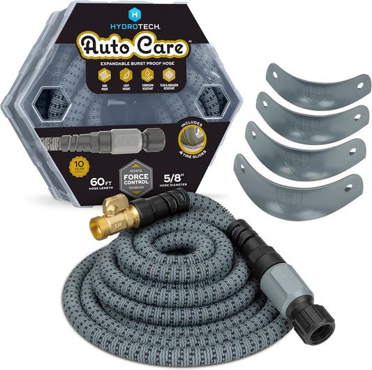 Hydrotech 60 ft Garden Hose – Patented Force Control, Burst-Proof, Lightweight, Flexible, No-Kink Design, 5/8", 4 Tire Hose Guides, Ideal for Car Wash & Automotive Care